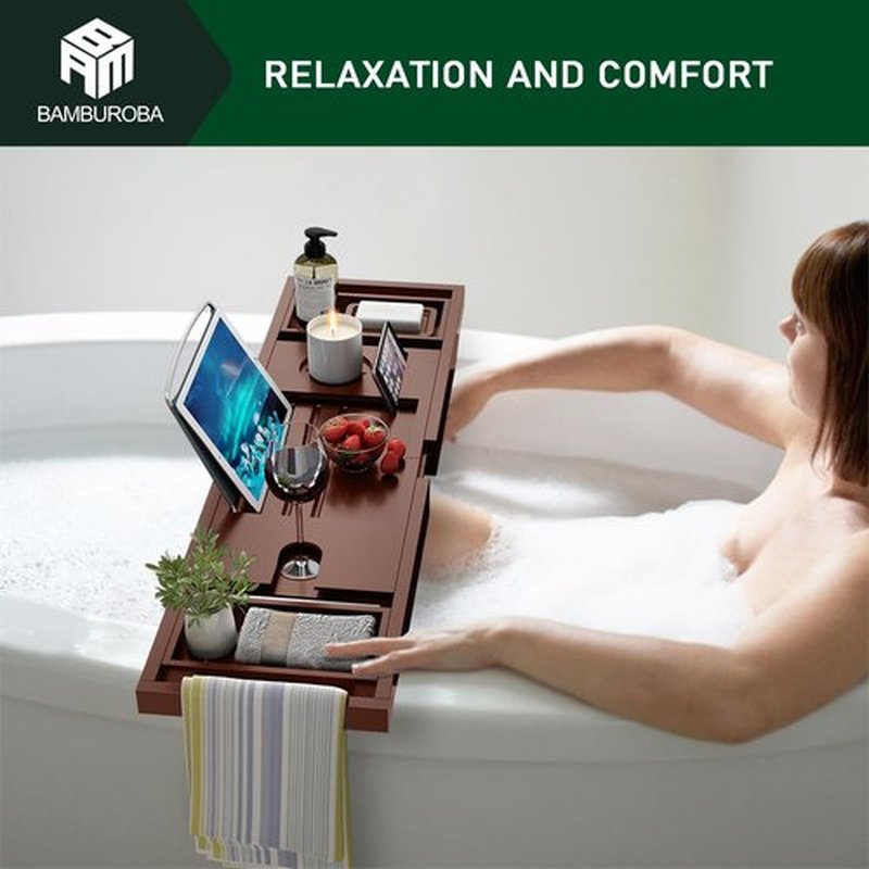Foldable Bamboo Bathtub Caddy Tray Expandable for Luxury Bath, Bath Accessories & Table with Wine Glass Holder, Book Stand Bathroom Organizer with Extending Sides for Men/Women,Brown