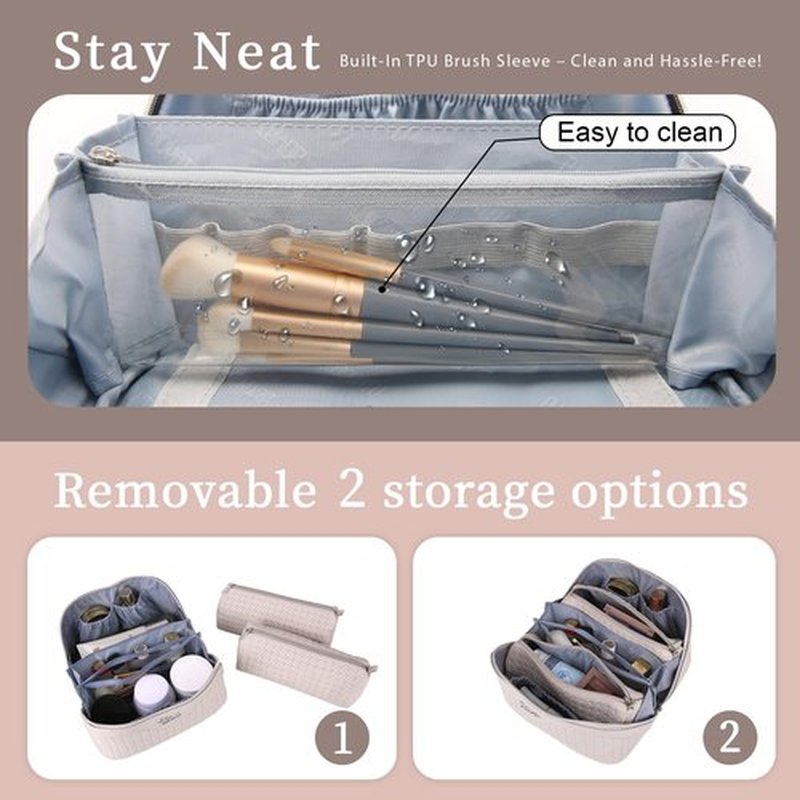 Travel Makeup Bags Cosmetic Organizer Bag: Large Capacity Make up Bag Set of 3 - Vegan Leather Woven Toiletry Bag for Women - Portable Makeup Organizer with Compartments & Handle & Divider Beige
