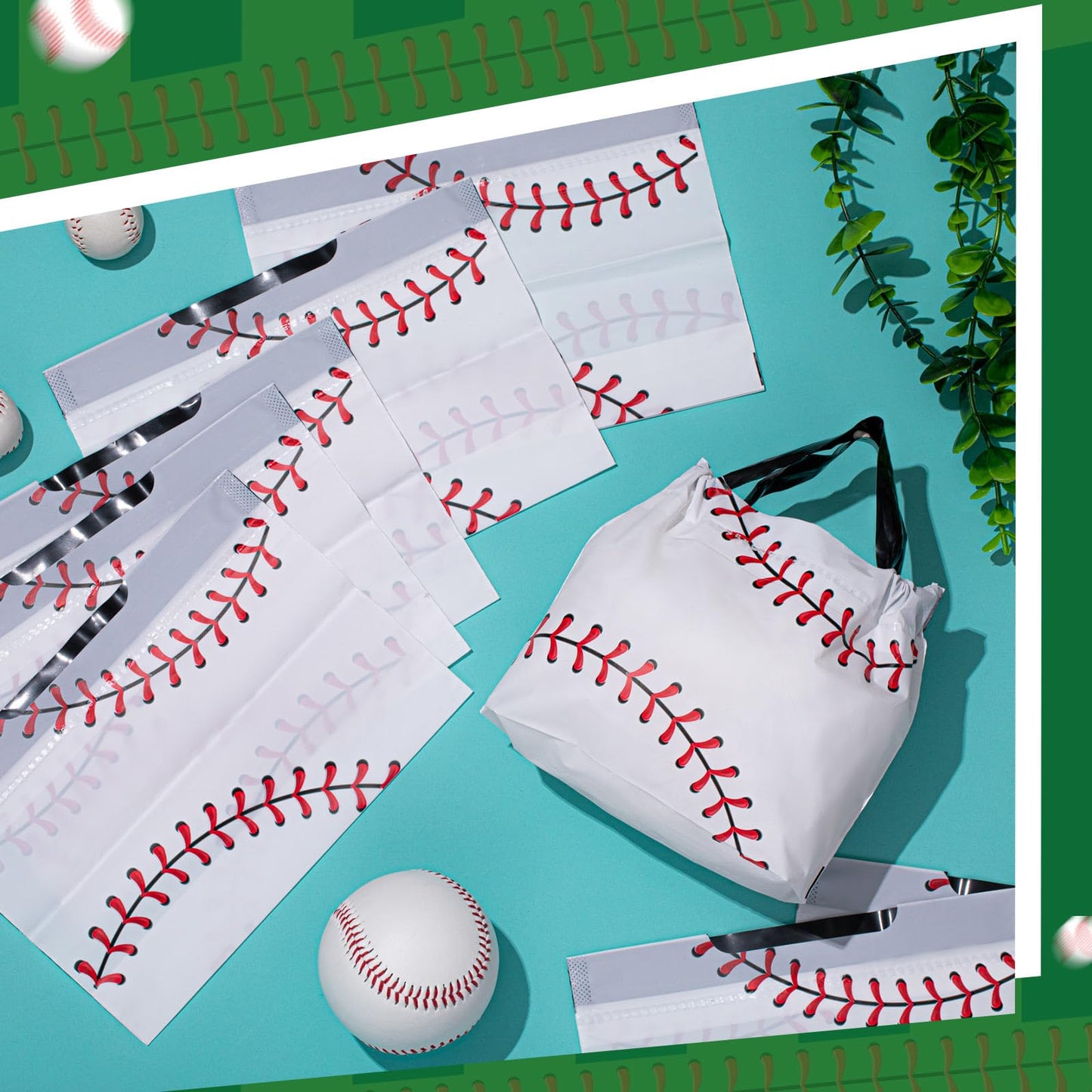 Flutesan 50 Pcs Baseball Party Favor Bags 6" x 8" Plastic Baseball Snack Goodie Bags Drawstring Gift Packaging for Team Kids Boys Birthday Sports Theme Party Favors Supplies