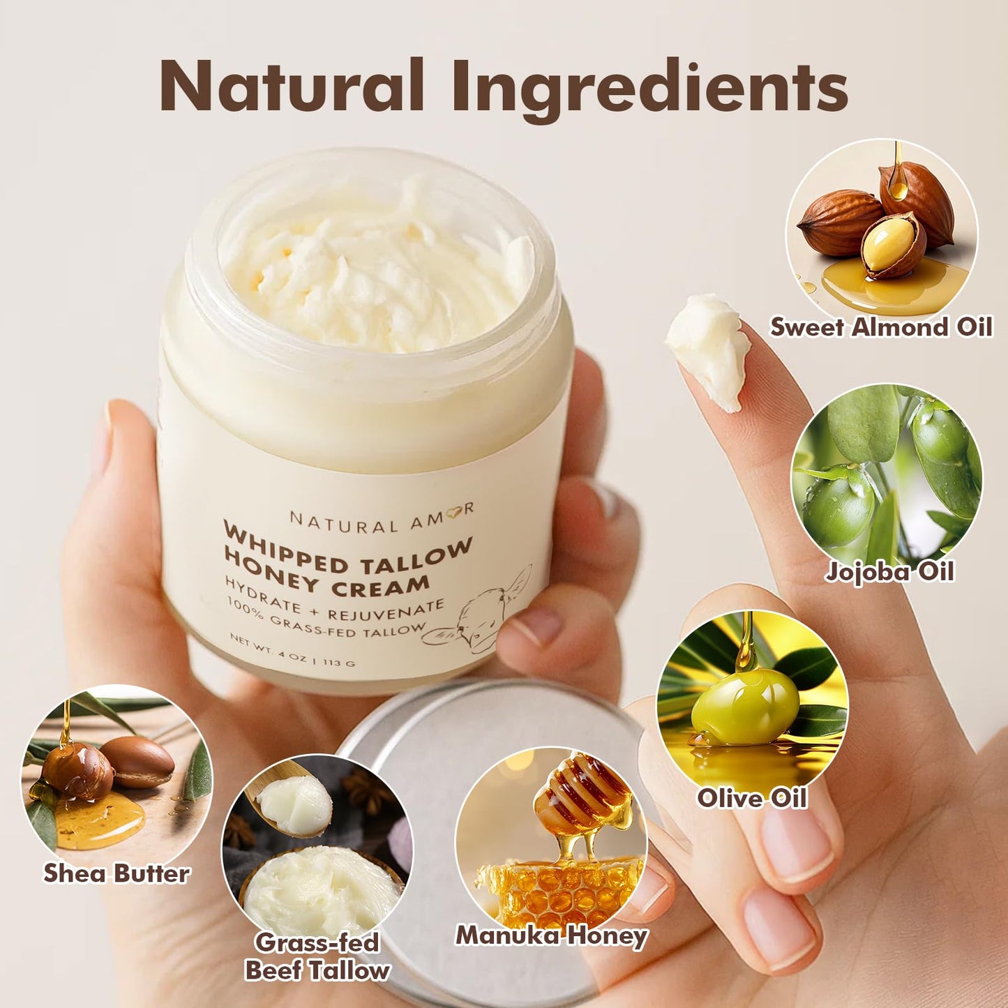 Natural Amor Whipped Grass Fed Tallow Honey Cream – 4oz Natural Moisturizer with Shea Butter, Manuka Honey & Jojoba – Lightweight Body Cream for Dry, Sensitive Skin – Nourishing & Non-Greasy