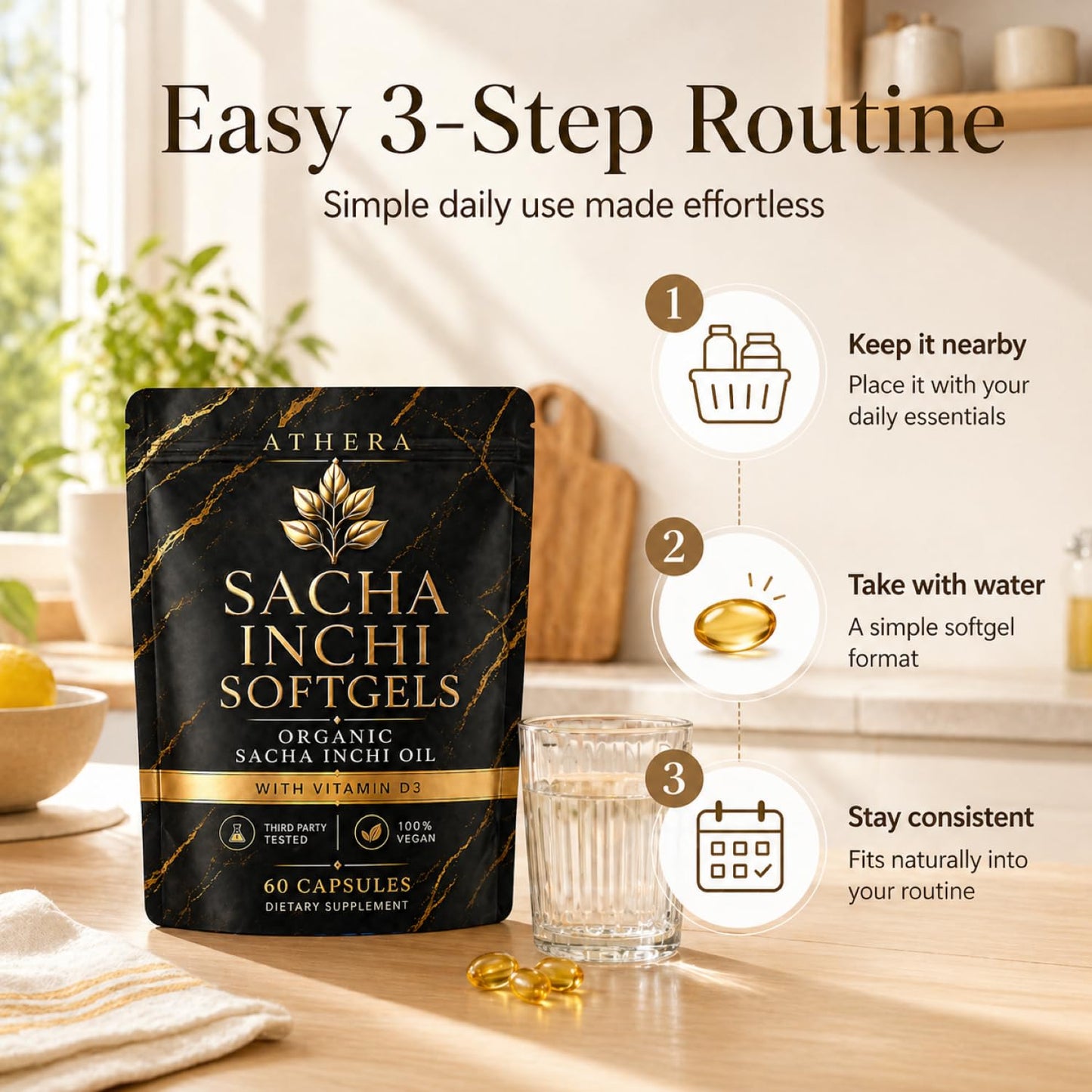 OIMTUE Athera Sacha Inchi Oil Capsules, Organic Sacha Inchi Oil & Vitamin D3, 60 Softgels (1 pc)