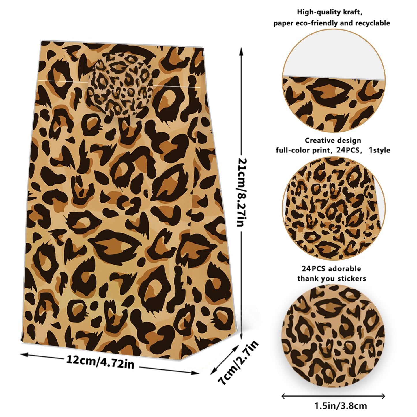 24PCS Cheetah Print Goodie Bags Leopard Print Gift with Stickers -Wild Life Animal Themed Birthday Party Favor, Leopard Print Paper Treat Bags for Party Decoration Supplies (24-Leopard-bags)