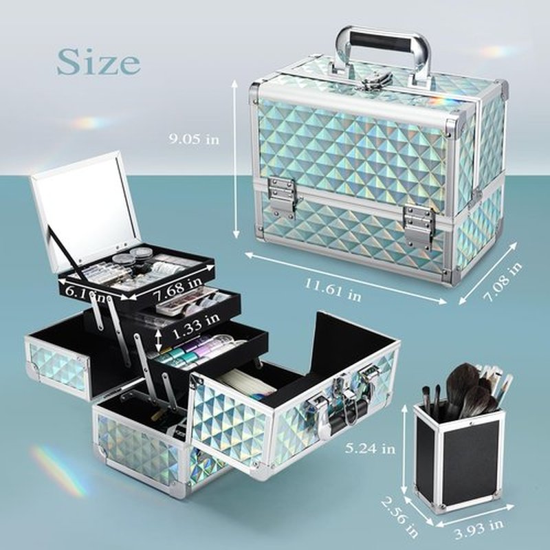 Joligrace Makeup Box 11.6-Inch Cosmetic Train Case for Women Travel Jewelry Organizer with Compartments & Mirror Portable Lockable Make-up Trunk Turquoise