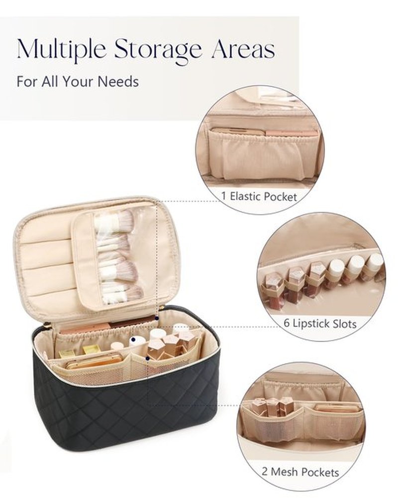 Prite Makeup Bag, Large Capacity Portable Travel Cosmetic Bag, Waterproof Makeup Organizer for Women with Handle and Divider(Black Rhombus)