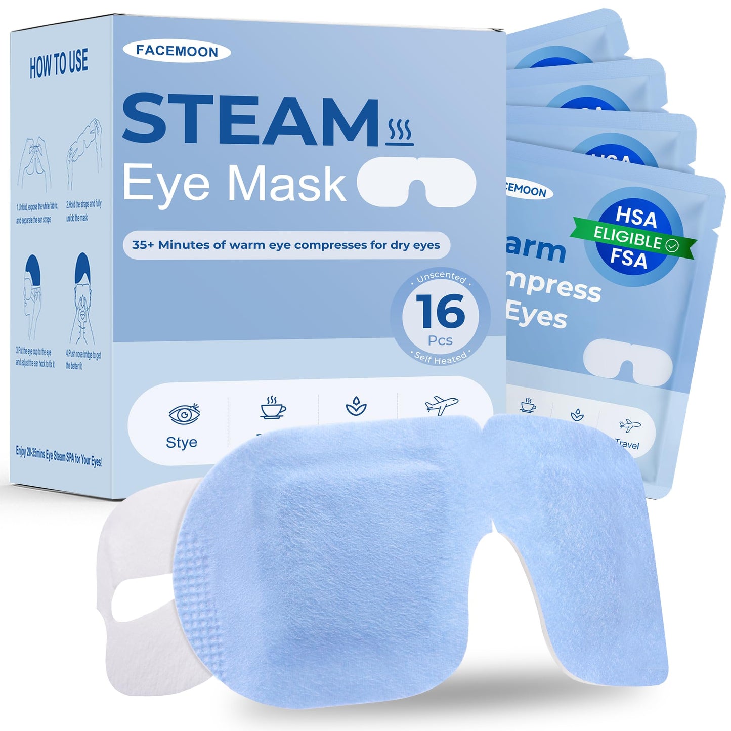 16 Pack Steam Eye Mask for Dry Eyes: Self-Heating Warm Compress for Stye Relief & Digital Eye Strain, FSA&HSA Eligible, Travel & Spa Essential, Disposable, No Microwave, Self-Care Gift, Unscented