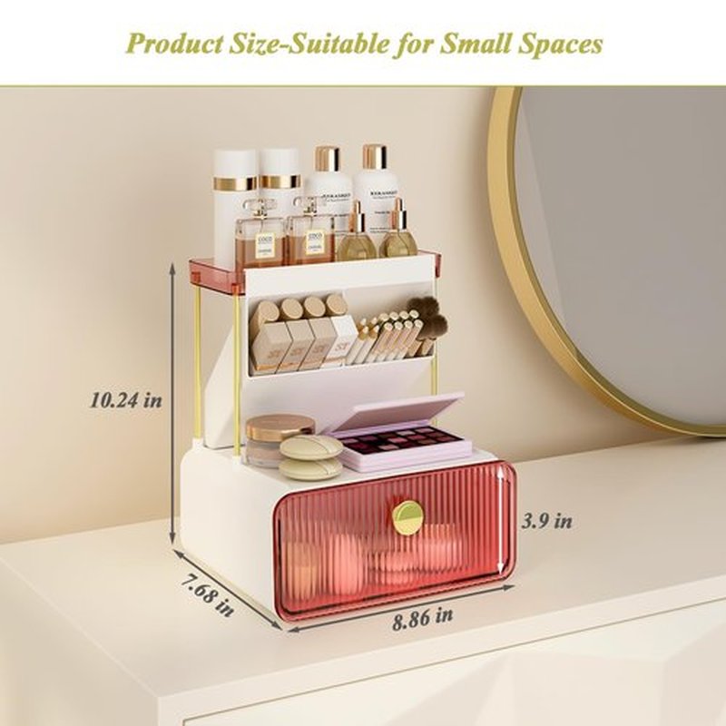 FOLLOWIN Makeup Organizer with Storage Drawer,Cosmetic Display with Lipsticks Brush Holder Perfume Tray,Organize Cosmetics and Beauty Supplies for Vanity,Dresser,Bathroom,Desktop Organizer,Blush Pink