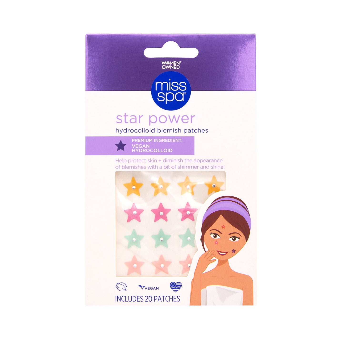 Miss Spa Blemish Patches, 100% Hydrocolloid Pimple Patches for Acne Spot Treatment, Vegan Hydrocolloid Zit Stickers, Star Power, 20 Patches