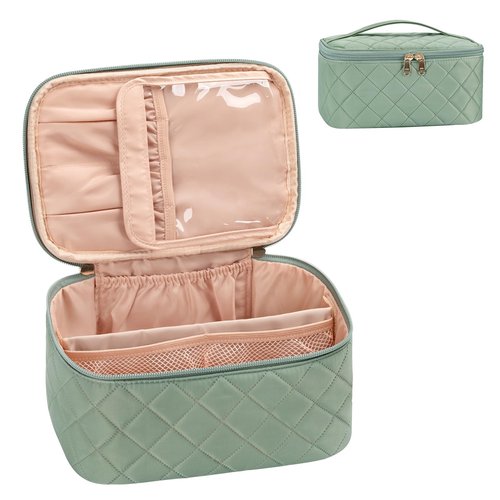 OCHEAL Makeup Bag, Portable Cosmetic Bag, Large Capacity Travel Makeup Case Organizer, Pink Makeup Bags For Women Toiletry Bag for Girls Traveling With Handle and Divider-Green