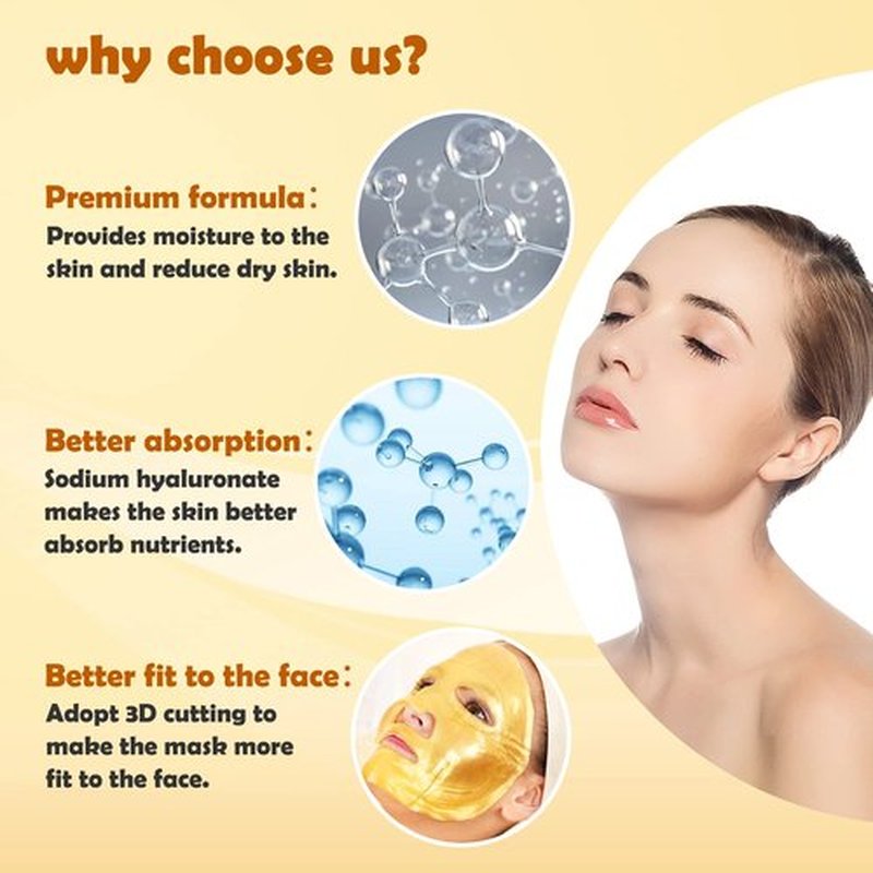 Permotary 12 PCS 24k Gold Crystal Gel Collagen Facial Masks, Treatment Deep Moisturizing Facial Masks For Anti Aging Puffiness Skincare Anti Wrinkle Tighten Skin & Revitalize Skin
