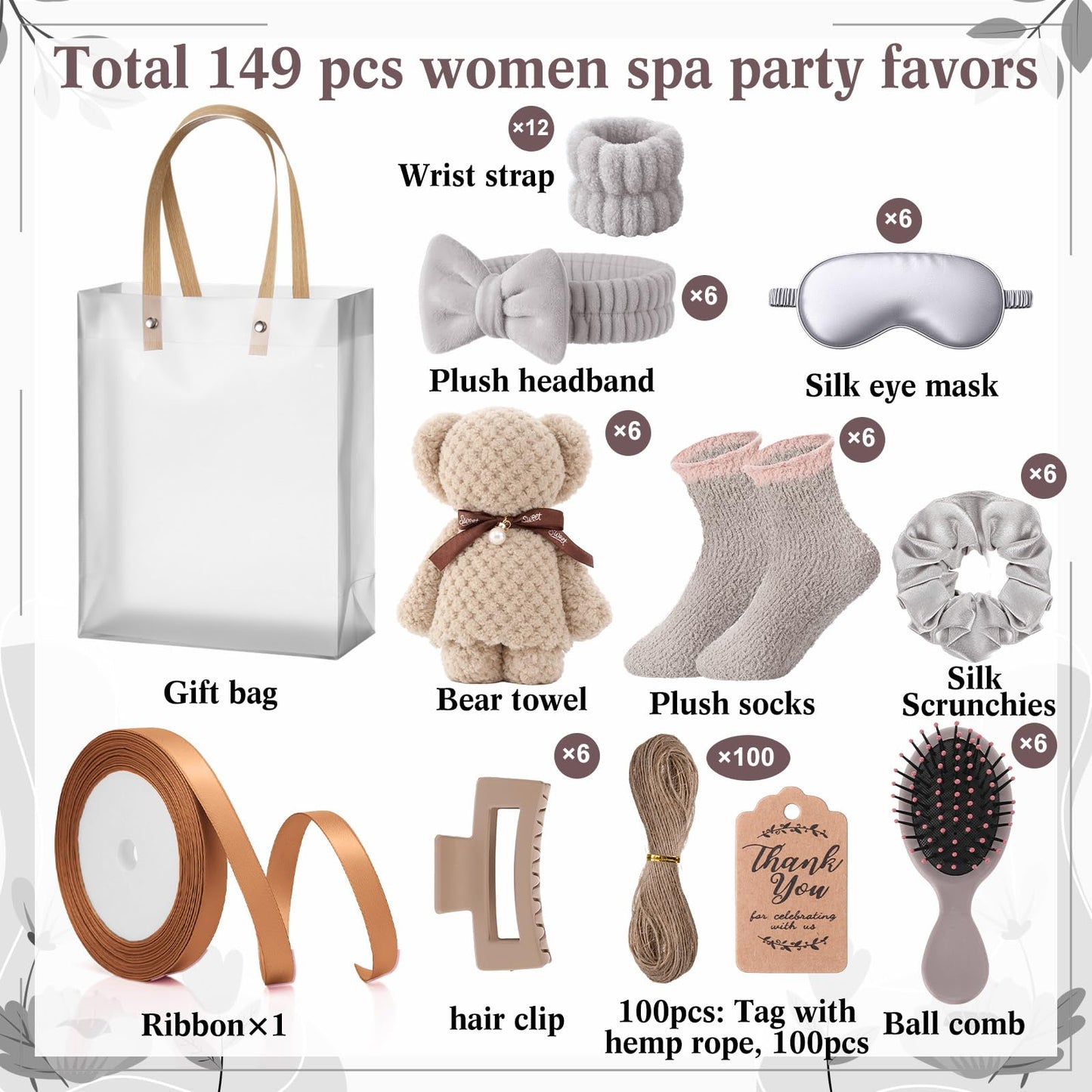 Rivvlive 6 Set Spa Gifts Bulk for Women, Sleepover Party Favors Supplies for Bridesmaid Bridal Shower Wedding Guests Baby Shower Birthday Gift with Towels Socks Hair Tie Clip Eye Masks(Light Brown)