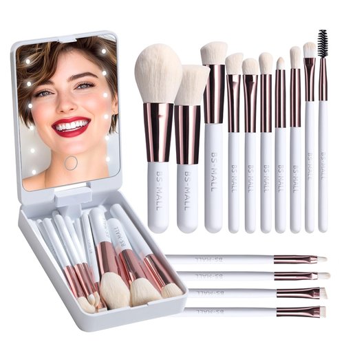 BS-MALL Travel Makeup Brush Set Foundation Powder Concealers Eye Shadows Makeup Set with LED light Mirror 14 Pcs (White)…