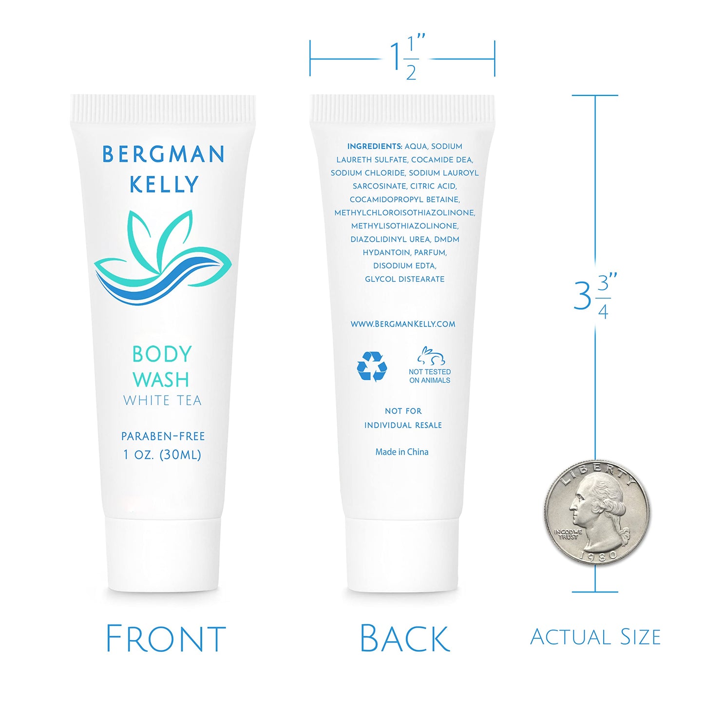 BERGMAN KELLY Travel Size Body Wash (1 fl oz, 50 PK, White Tea), Delight Your Guests with a Revitalizing and Refreshing Hotel Body Wash, Quality Mini and Small Size Guest Hotel Toiletries in Bulk