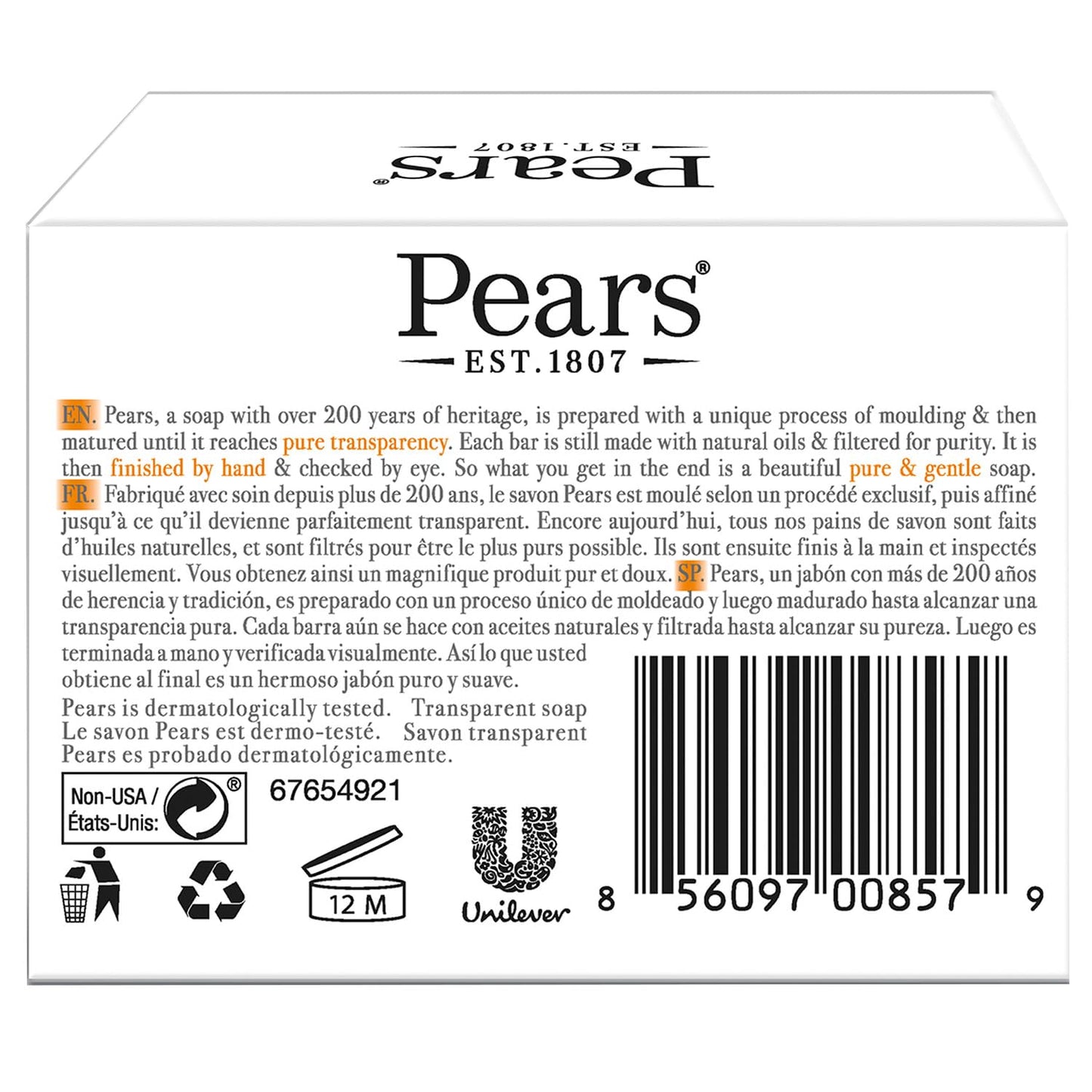 Pears Soap, Pure & Gentle with Natural Oils, 12-Pack – Transparent Amber Glycerin Soap for Pampered, Glowing Skin, 4.4 Oz Ea