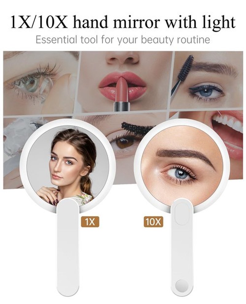 FASCINATE Handheld Mirror with Lights, 1X 10X Double Sided Magnifying Mirror with Swivel Handle, Perfect for Travel, Compact, Pocket, Purse, Folding, with USB Charging