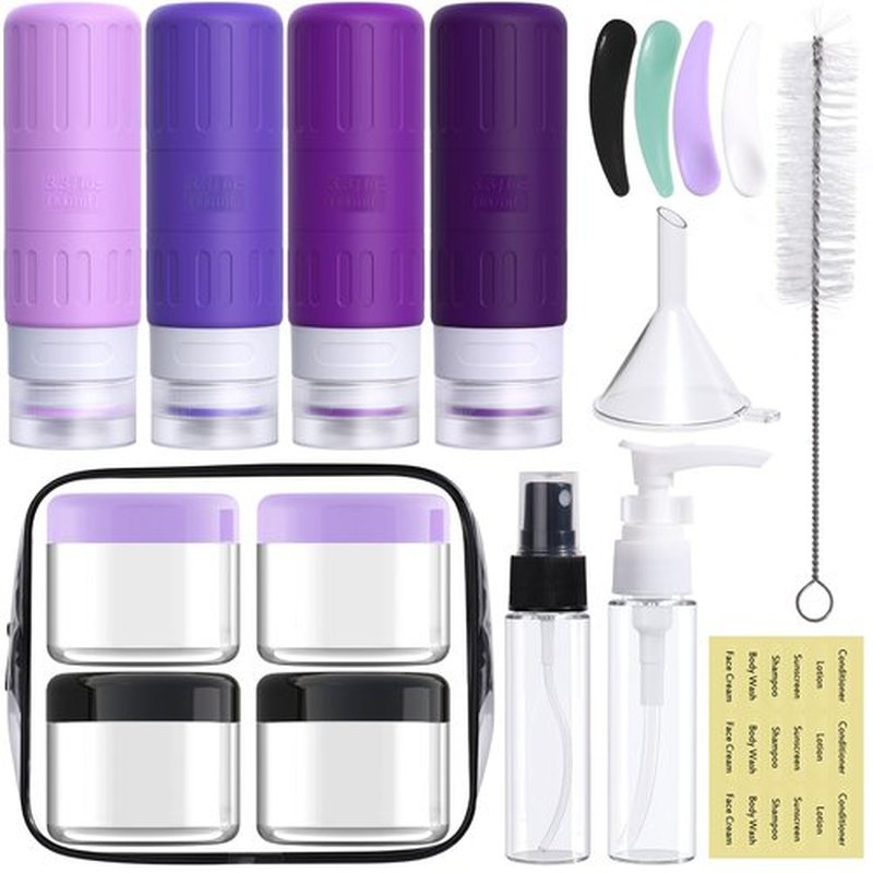 GLAMFIELDS Travel Bottles for Toiletries,TSA Approved 3.3oz Size LeakProof Silicone Toiletry Containers for Shampoo, Conditioner,Easy to Squeeze，Portable Travel Essentials for Lotion(18 Pack) Purple