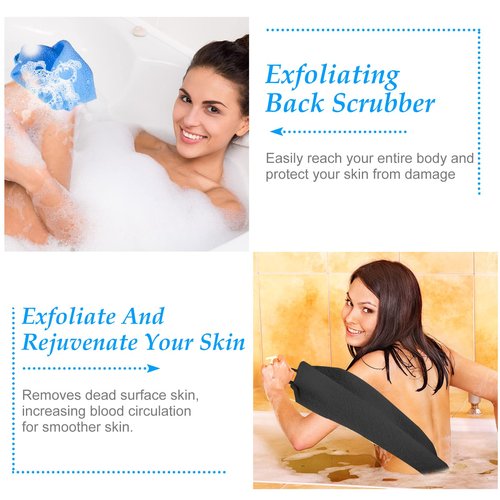 Moukeren Exfoliating Back Scrubber with Handles 4 Packs Nylon Back Exfoliator Extended Length Back Washers Scrubbers Stretchable Pull Strap(Dark Blue, Gray, Beige, Fluorescent Green)