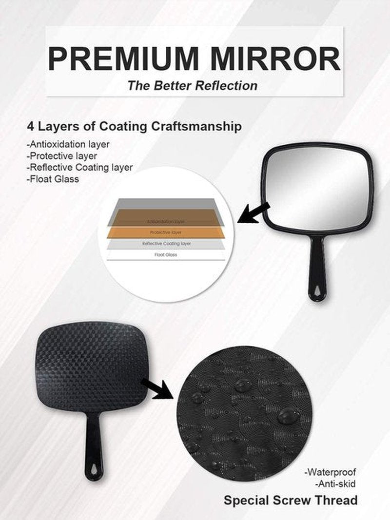 MIRRORNOVA Hand Mirror, Barber Hairdressing Handheld Mirror with Handle for Salon, Square, Black, Large,Pack of 3