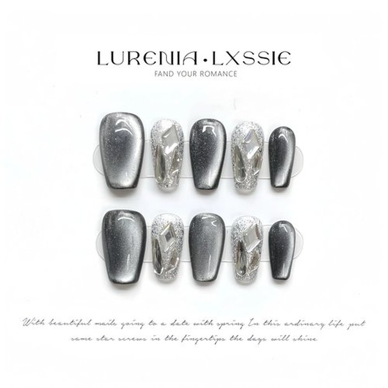 Lurenia • Lxssie Handmade Press On Nails - Reusable Cat Eye Black & Silver Shades with Sparkling Rhinestones, Designer Nail Art Set for Women (LARGE-Cat Eye Black, )