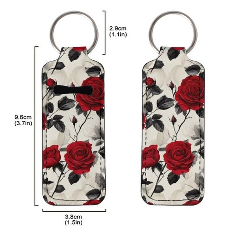 SEANATIVE Red Roses Lipstick Holder Keychain Neoprene Lip Balm Holder Portable Lip Gloss Keychain Pocket Keychain Clip-on Sleeve Chapstick Holder for Women Travel