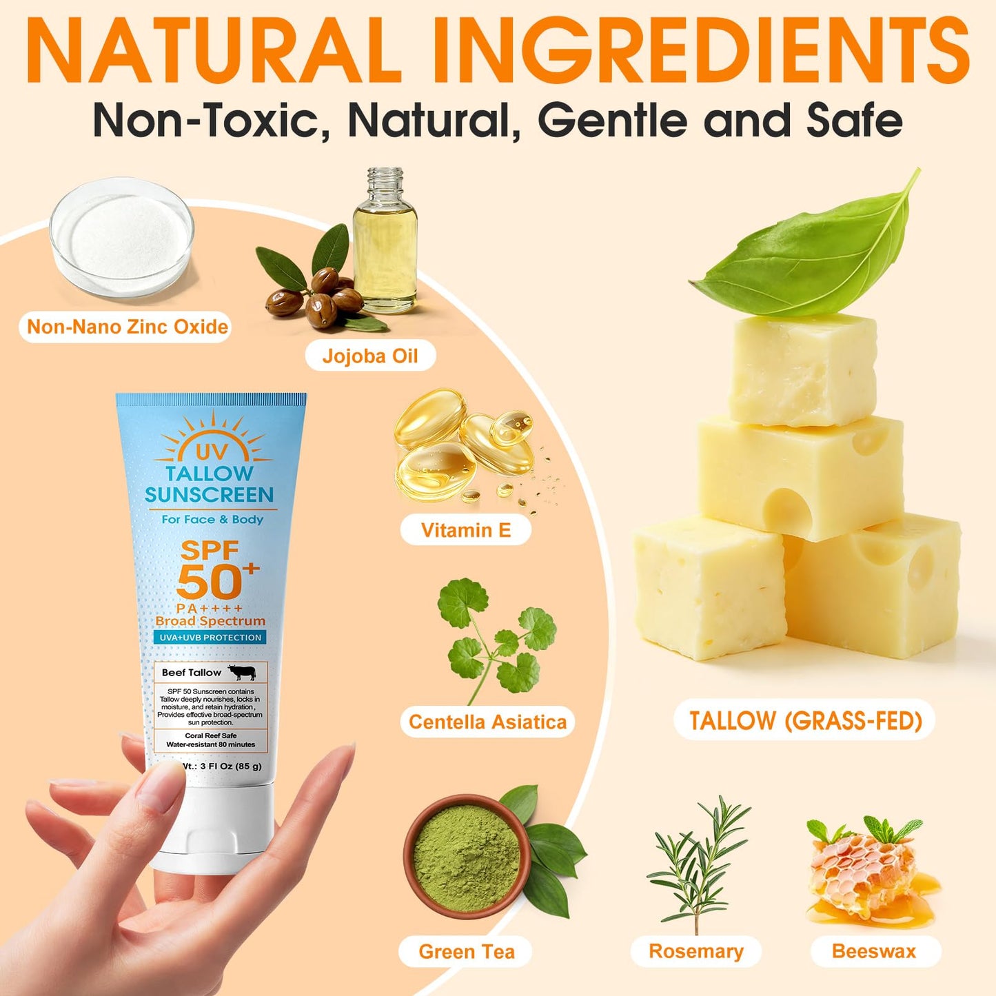 Beef Tallow Sunscreen SPF 50: Mineral Non-Nano Zinc Oxide Sunblock, Non-Greasy & Instant Protection for Face, Reef-Safe for Beach, Running & Sports, 3 Fl Oz (85g)