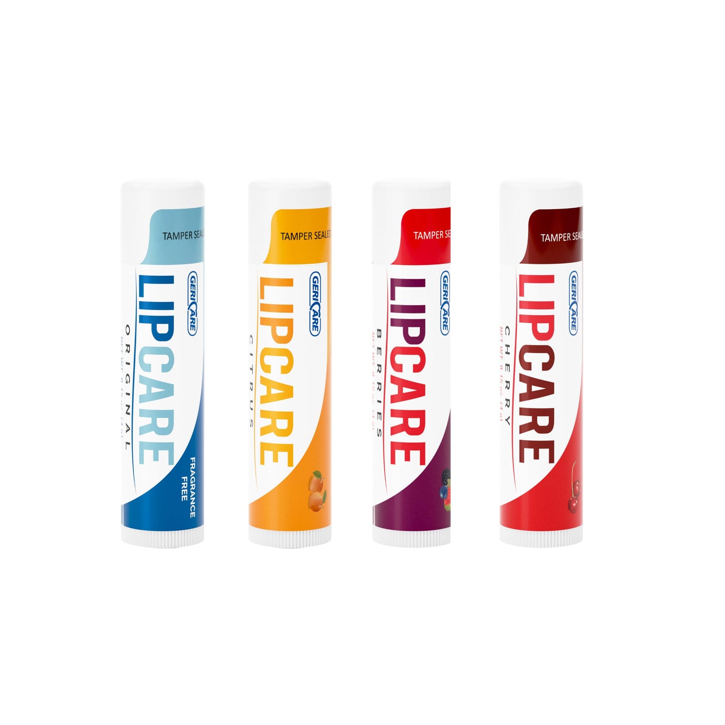 GeriCare Lip Balms – Hydrating and Nourishing Lip Moisturizers for Dry, Cracked Lips – Long-Lasting, Travel-Friendly Lip Care, Set of 4 (Original, Citrus, Berries, and Cherry) 4.2 g Each