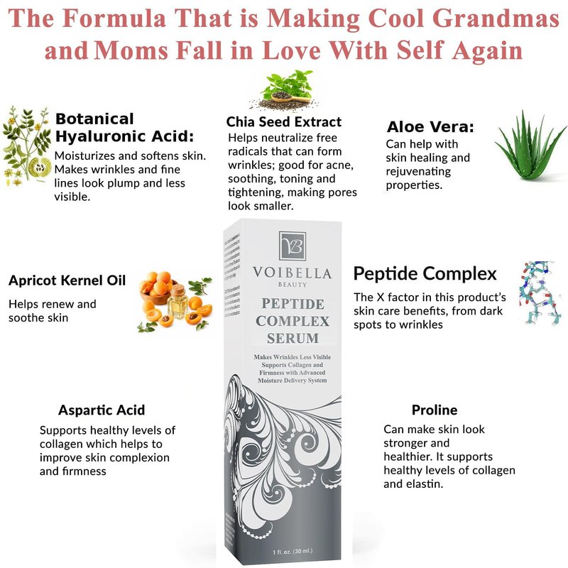 Peptide Complex Serum - Natural Anti-Aging Face Serum with Collagen Support | Peptides, Hyaluronic Acid & Vitamin E for Hydration & Firmness