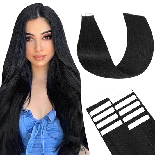 SEGO Pro 10pcs Tape in Hair Extensions Human Hair Long Straight Tape in Hair Extensions Real Human Hair Seamless Invisible Tape in Hair Extensions,16inch Jet Black,15g