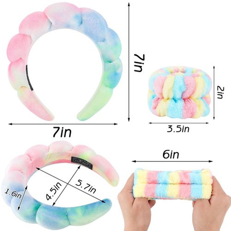 Zkptops Spa Headband for Washing Face Wristband Set Sponge Makeup Skincare Velvet Fabric Bubble Soft Get Ready Hairband for Women Girl Puffy Padded Headwear Non Slip Thick Hair Accessory(Tie Dye 2)