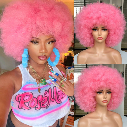 CURLCRAZY 70s Afro Wig with Bangs Short Afro Kinky Curly Wig for Black Women Large Bouncy and Soft Natural Looking Halloween Party Christmas Cosplay Wigs (Pink)