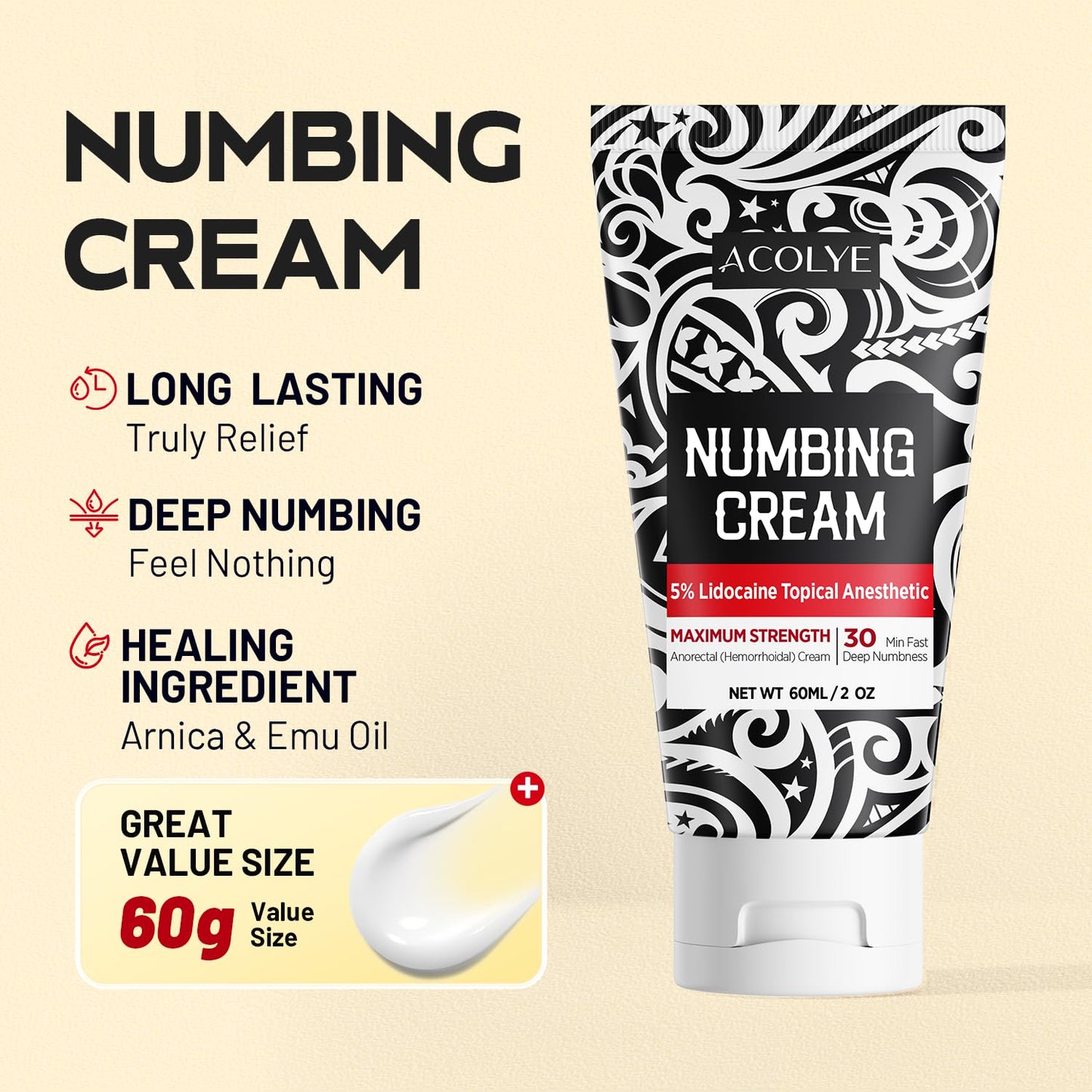 Acolye Numbing Cream Maximum Strength: 5% Lidocaine Local Anesthetic- Long Lasting Extra Relief with Menthol Arnica and Emu Oil (2 Fl Oz)