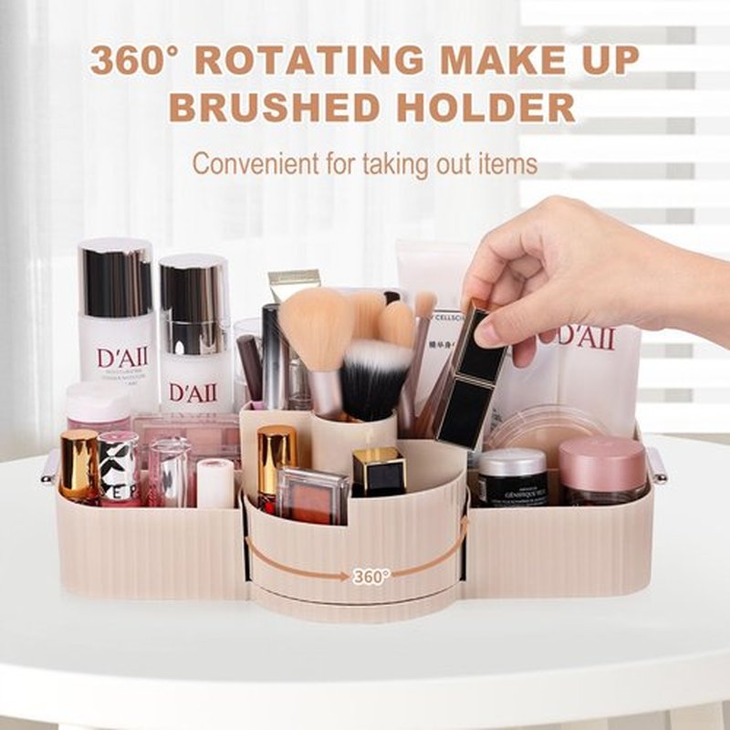 LAIMIJIN Countertop Makeup Organizer, Large Capacity Rotating Cosmetic Display Case for vanity, Spacious Makeup Skincare Storage Organizer with Makeup Brush Holder for Countertop (Cream)