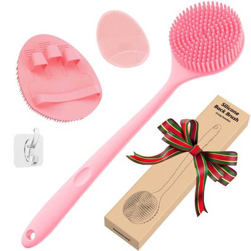 Manmihealth Silicone Back Scrubber (Thick Bristles) & Bath Glove & Face Brush Set(3PCS), Super-Exfoliating & Lathering Body Scrubber, Shower Brush, Face Scrubber Combination, with a Free Hook.(Pink)