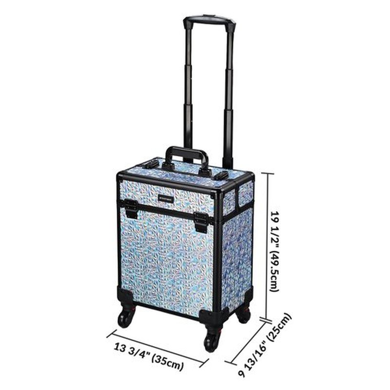 BYOOTIQUE Rolling Makeup Train Case Aluminum Cosmetic Case Portable Makeup Organizer Suitcase with Wheels 4 Tray Cosmetology Trolley Traveling Trunk for Makeup Artist Nail Tech Barber, Mermaid Silver