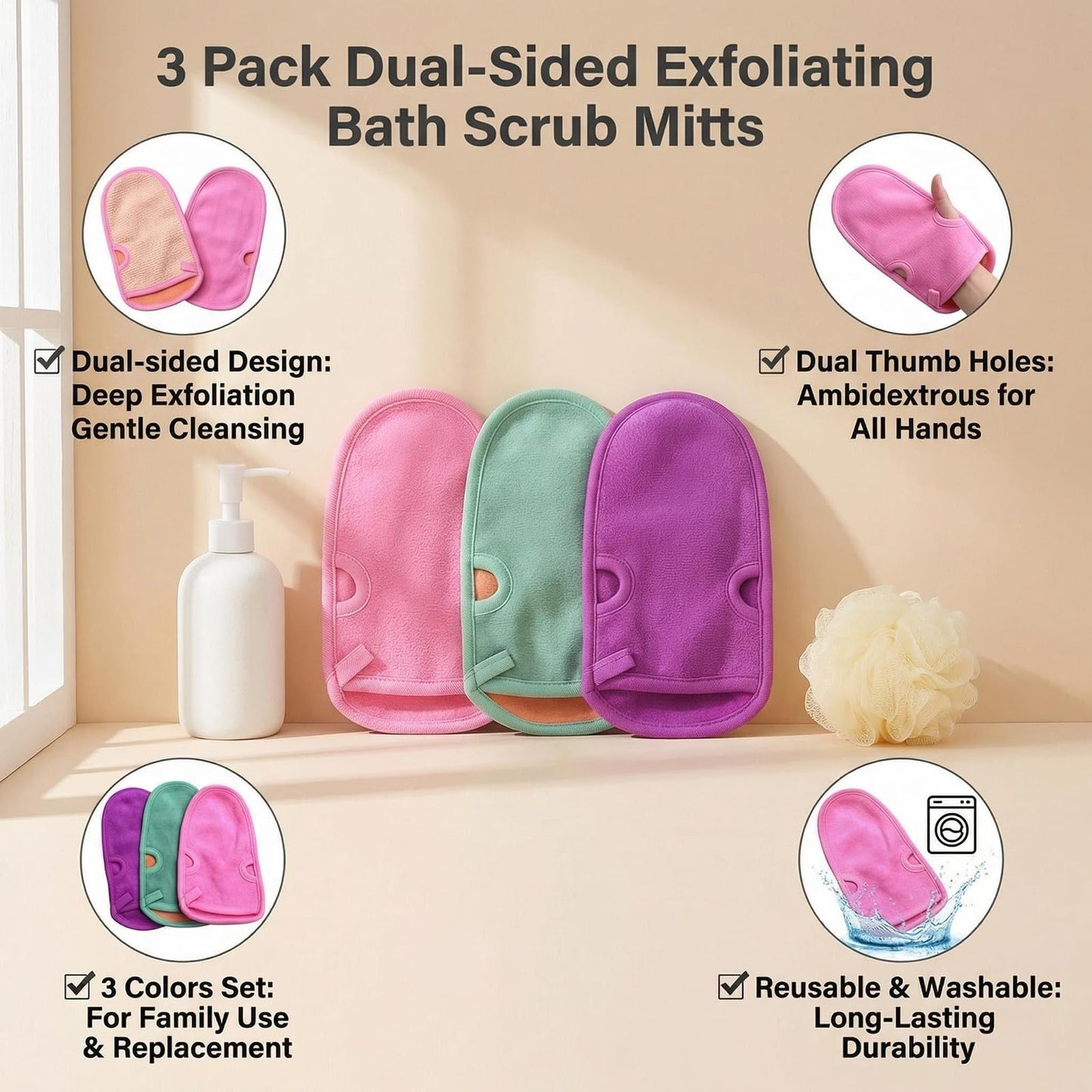 3PCS Bathing Mittens Shower Soft Skin Care Face Body Wash Massage Spa Mitt for Adult and Kids(Color Random)