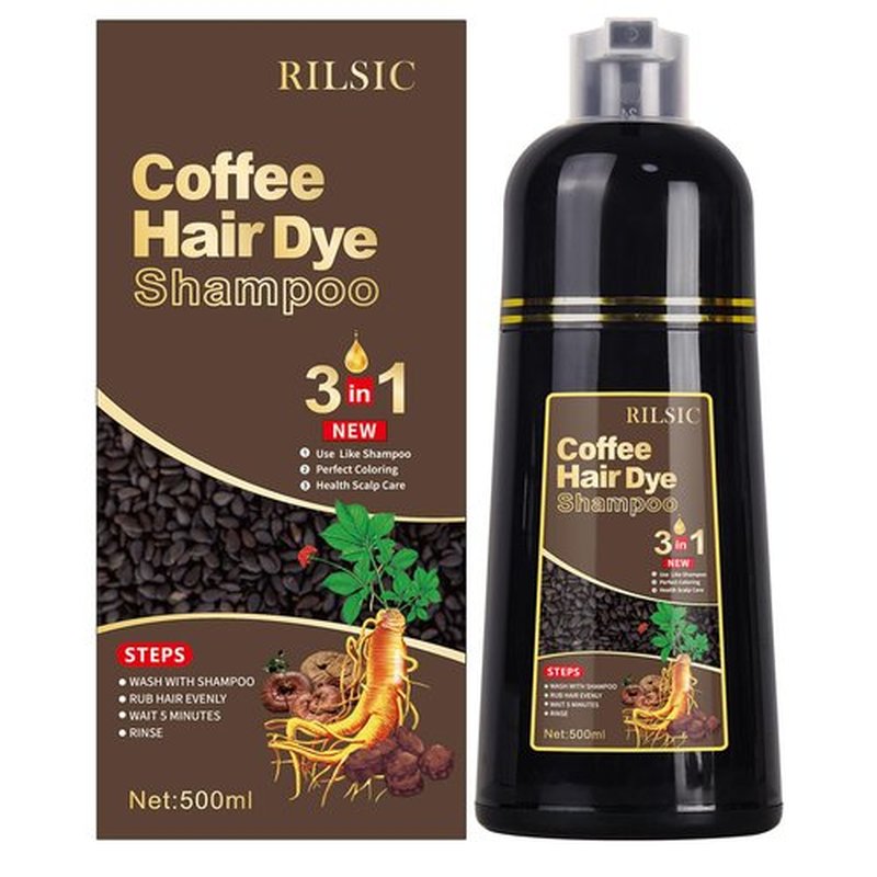 RILSIC Brown Hair Dye Shampoo 3 IN 1, Instant Hair Color Shampoo for Women Men -Natural Hair Dye Shampoo - Grey Hair Coverage, Black Hair Dye Coloring in Minutes(500ML, 17.6 Fl Oz) (Coffee）