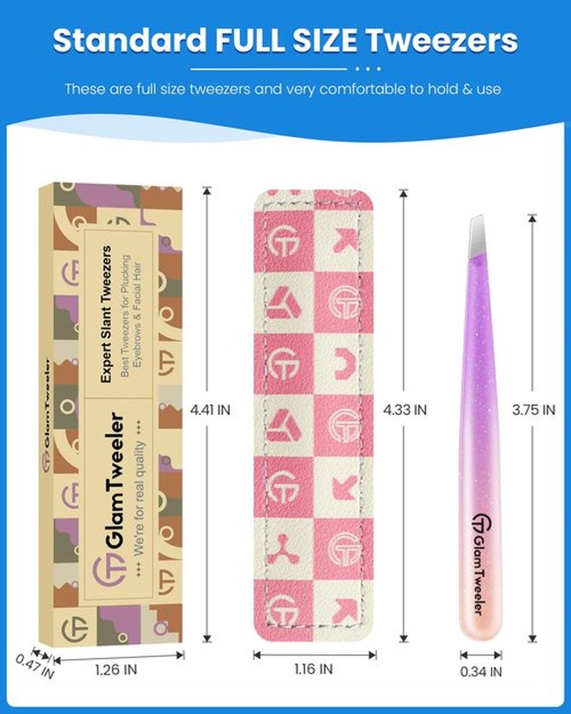 Expert Slant Tip Tweezers with Leather Travel Case, GlamTweeler Sharp & Precision Stainless Steel Tweezer for Eyebrows, Facial Hair and Fine Hairs Removal (Sparkle Violet & Peach)