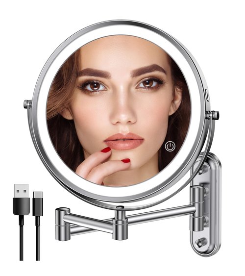 Rocollos Two-Fingers-Width Narrow Base Rechargeable Wall Mounted Lighted Makeup Mirror,3 Color Lights Dimmable Touch Screen,8 Inch LED Double Sided 1X/10X Mirror (Polishing Chrome)