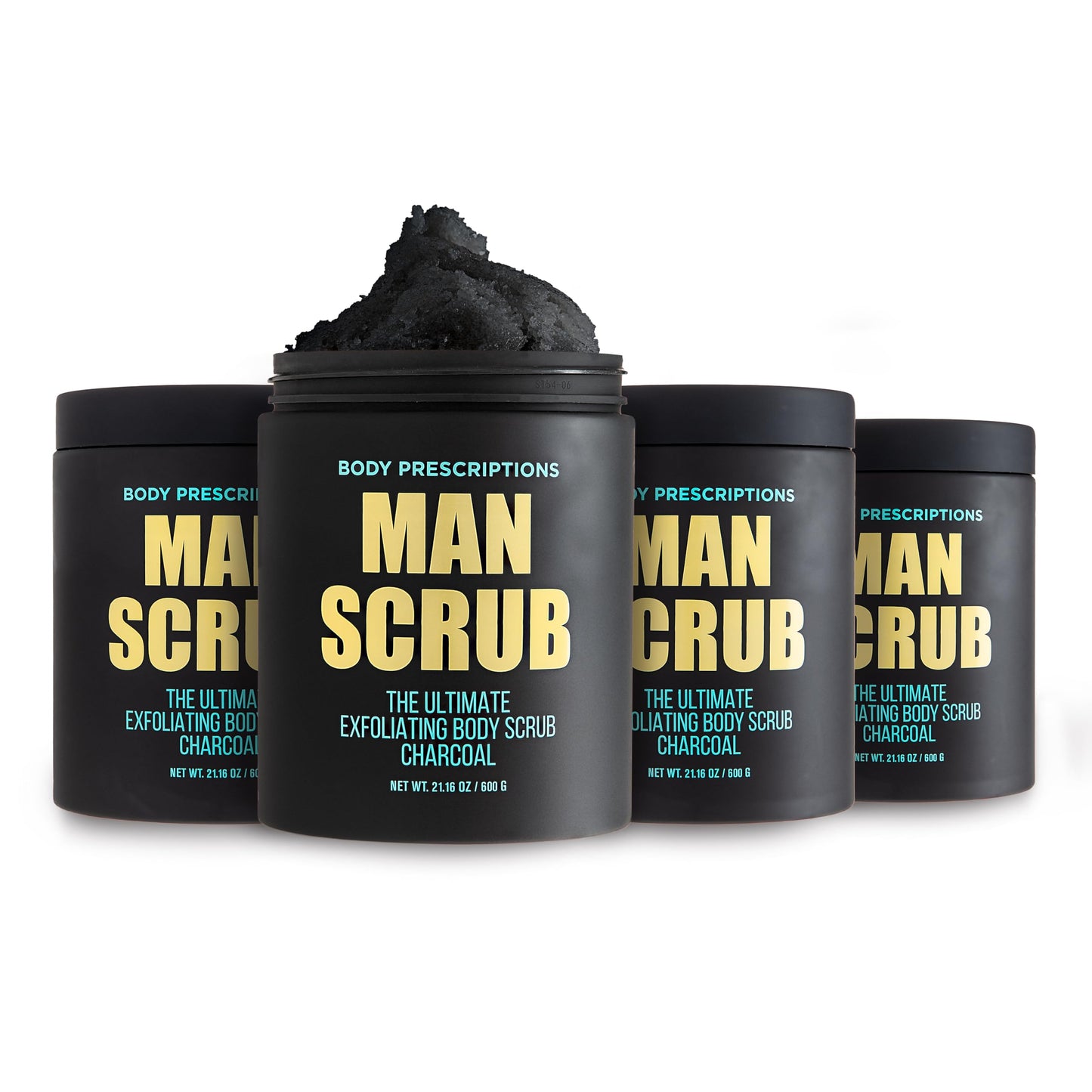 Body Prescriptions Men’s Exfoliating Body Scrub – Ultimate Skin Cleansing Wash in Jar with Twist-Top Lid, For All Skin Types, 21 Ounce (Pack of 4), Charcoal