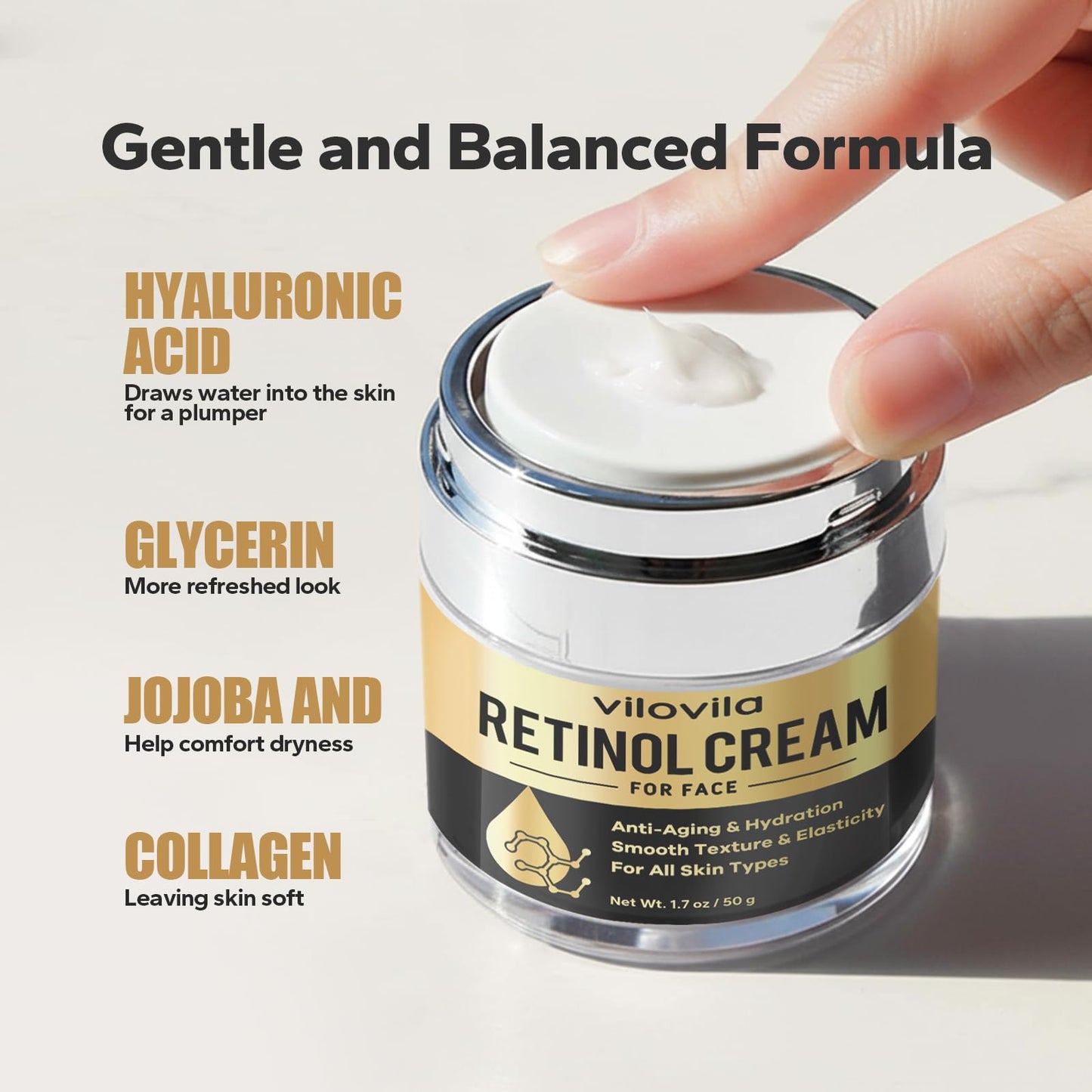 ViloVila Retinol Cream For Face (1.7 Oz), Retinoids For Facial, Anti Aging Face Cream with Retinol & Hyaluronic Acid, Day & Night Facial Moisturizer for Women & Men, Hydrating Creams for Fine Lines