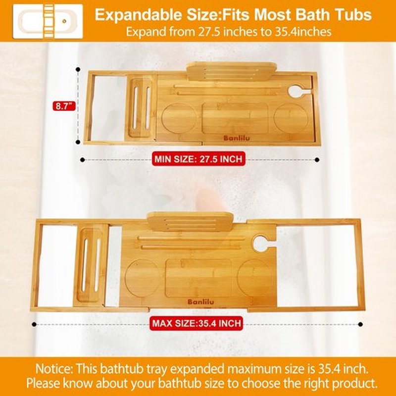 Premium Bamboo Bathtub Tray Caddy - Bath Tray - Bath Tub Tray Table for Bathtub - Bath Caddy Tray for Bathtub, Expandable Size, Fits Most Bath Tubs