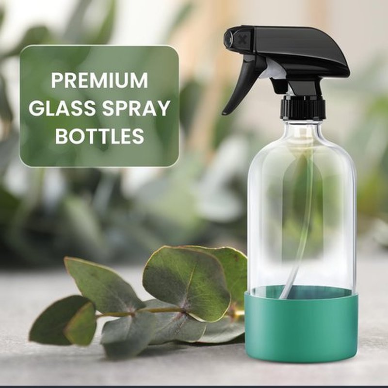 LiBa Glass Spray Bottles for Cleaning 2 Pack, 16 oz Refillable Empty Spray Bottle with Silicone Sleeve for Essential Oils, Hair, Plants, Adjustable Nozzle for Squirt and Mist, Label Sticker Included
