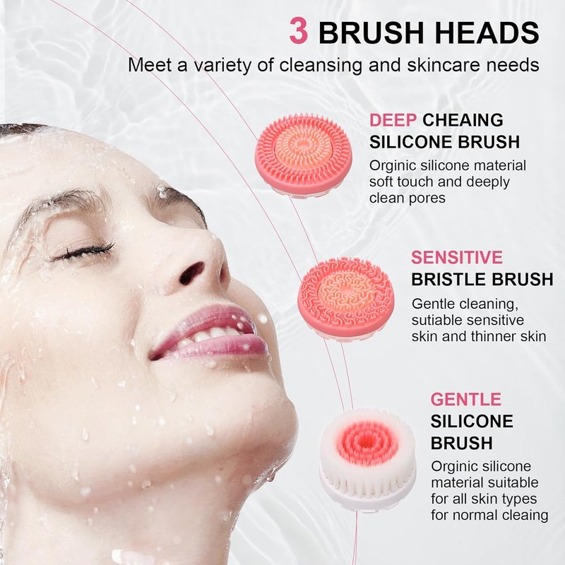 Electric Facial Cleansing Brush - 3-in-1 Waterproof Scrubber with 3 Brush Heads for All Skin Types | Rechargeable & Pink