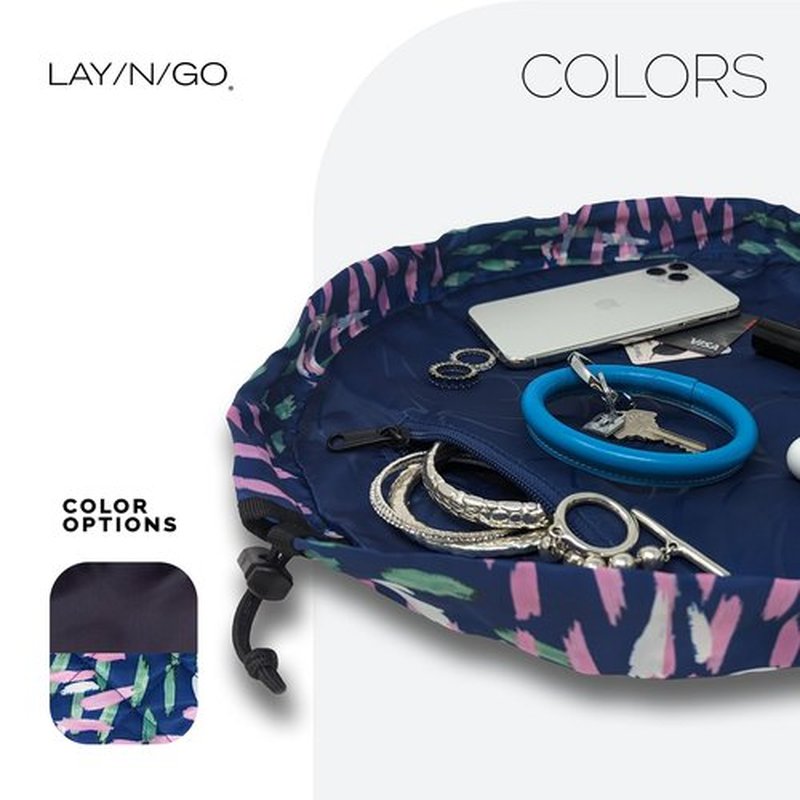 Lay-n-Go Cosmo Drawstring Cosmetic & Makeup Bag Organizer - Portable Drawstring Makeup Bag w/Zipper Pocket & More - Durable, Machine Washable Makeup Bag for Travel (16”, Crossmark)