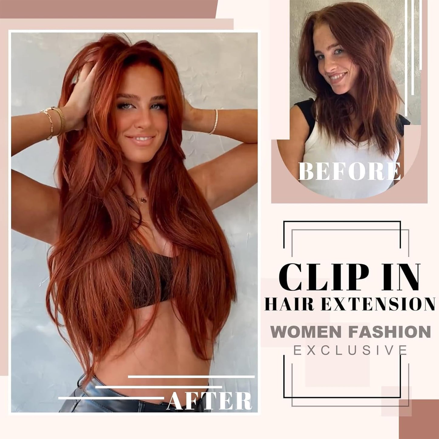 FREEMEIGE Copper Red Hair Extensions Clip in Hair Extensions for Women Straight Layered Hair Extensions Synthetic Clip in Extensions Long Wavy Extension Daily Use 20 Inch
