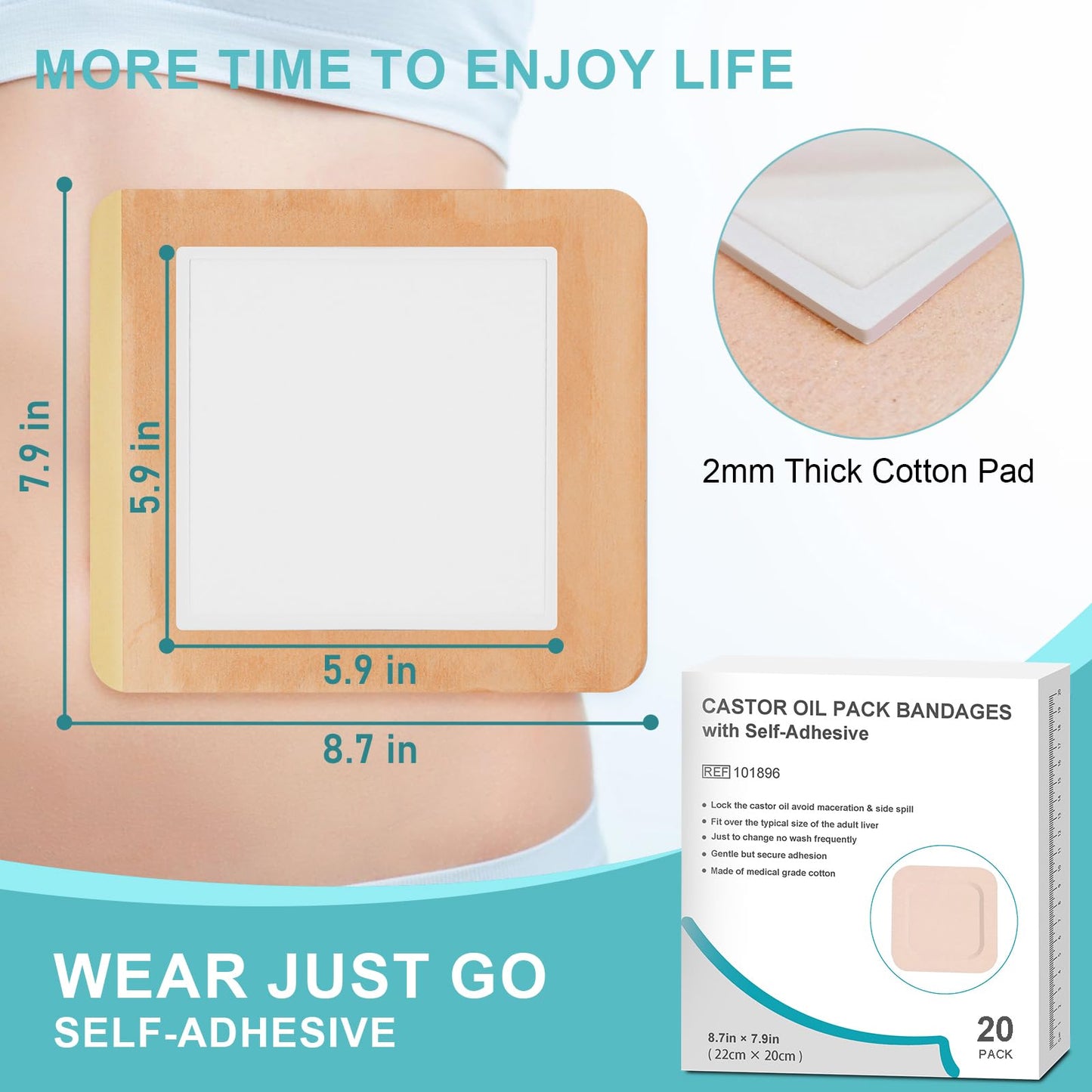 20Pcs Castor Oil Pack Wrap for Liver, Stomach, Belly Button | 8.7"*7.9" Organic Cotton Pads | Highly Absorbent Self-Adhesive Disposable Patches | No Wash, 100% Leak-Free(Oil Not Included) US Patented