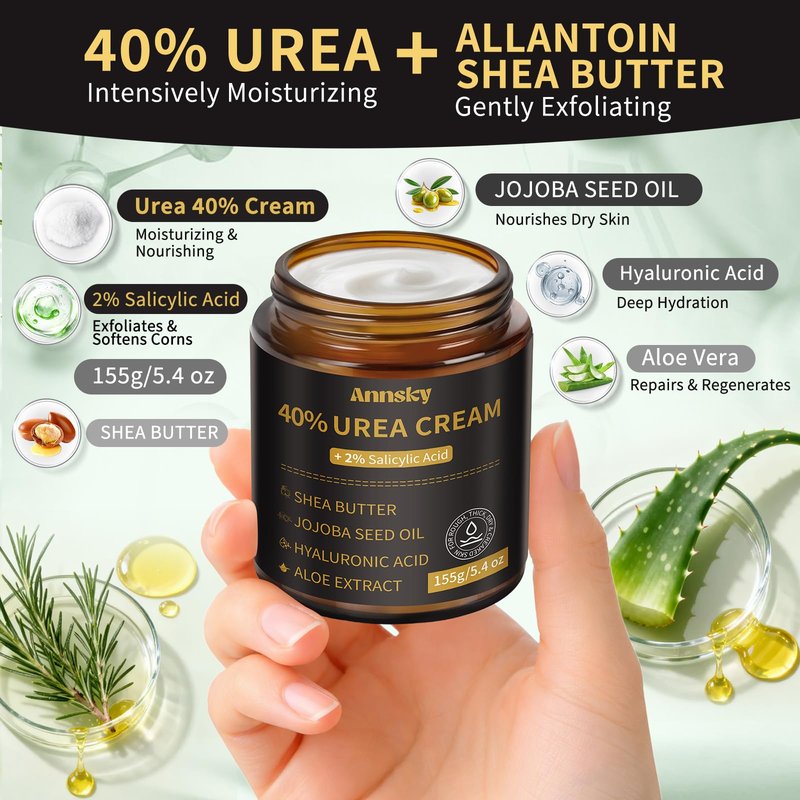 Annsky Urea Cream 40% Plus Salicylic Acid 2%, Foot Cream for Dry, Cracked Heels, Calluses Professional Feet Maximum Strength Moisturizing Cream, 155g
