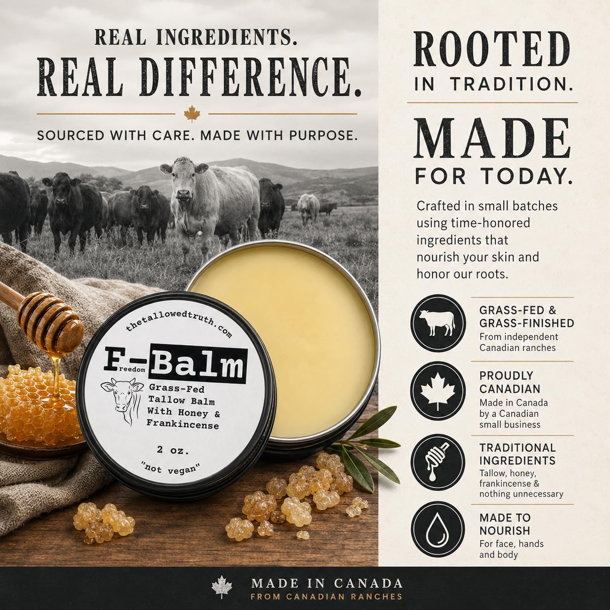 Tallowed Truth Original Tallow Balm - Grass-Fed Beef Tallow for Skin & Face - 5 Ingredient Moisturizer - 2 oz - Tallow Face Cream Made in Canada - Organic Balm for Face & Body Care