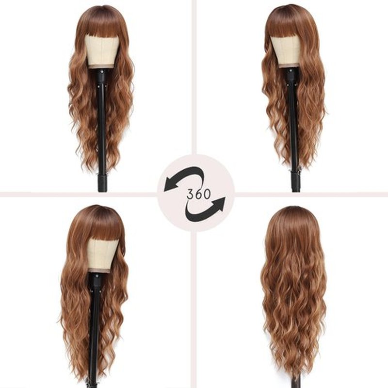 NAYOO Brown Wigs with Bangs for Women Long Curly Wavy Hair Wigs Heat Resistant Synthetic Fiber Wigs for Daily Party Use 26 Inches (Light Brown)