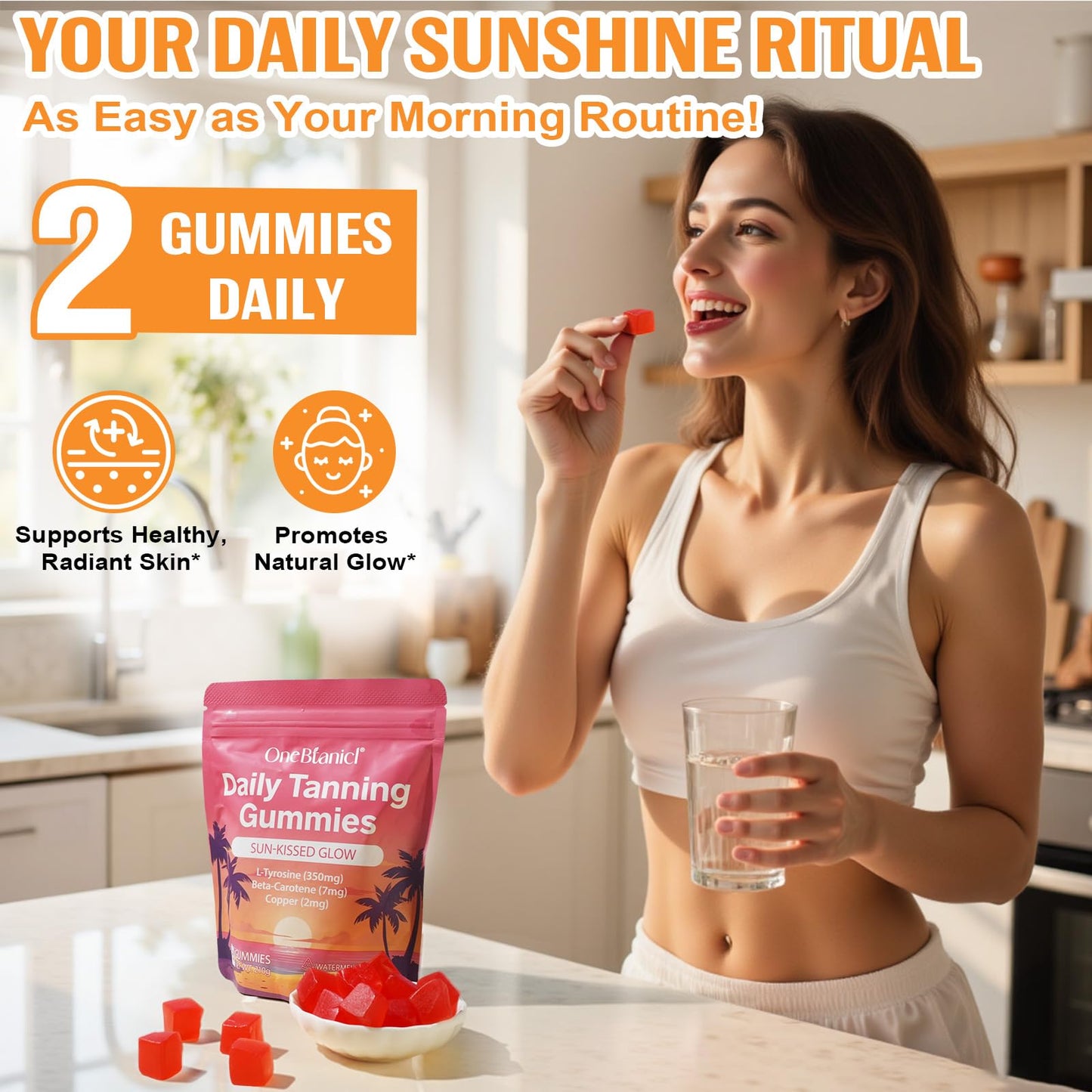 Tanning Gummies,Self Tan Bronzing Supplement-Daily Oral Chews with Beta Carotene for Skin Health & Glow, Vegan, Non-GMO-60 Ct 30-Day Supply