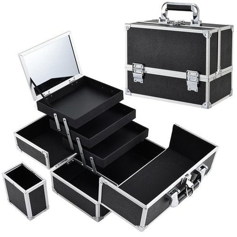 FRENESSA Makeup Train Case 11.8 Inch Extra Large Makeup Organizer Case 3 Trays with Mirror Cosmetic Travel Storage Box for Makeup Artist Nail Tech Craft Supplies Case Black